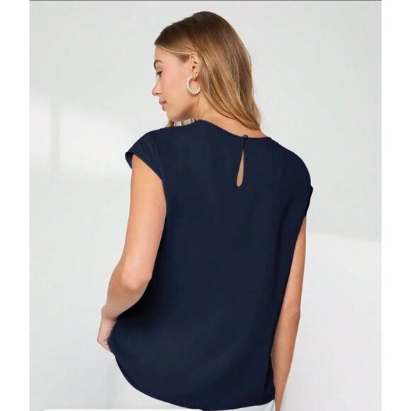 cap sleeve keyhole back silky boatneck blouse black office work - Picture 3 of 4